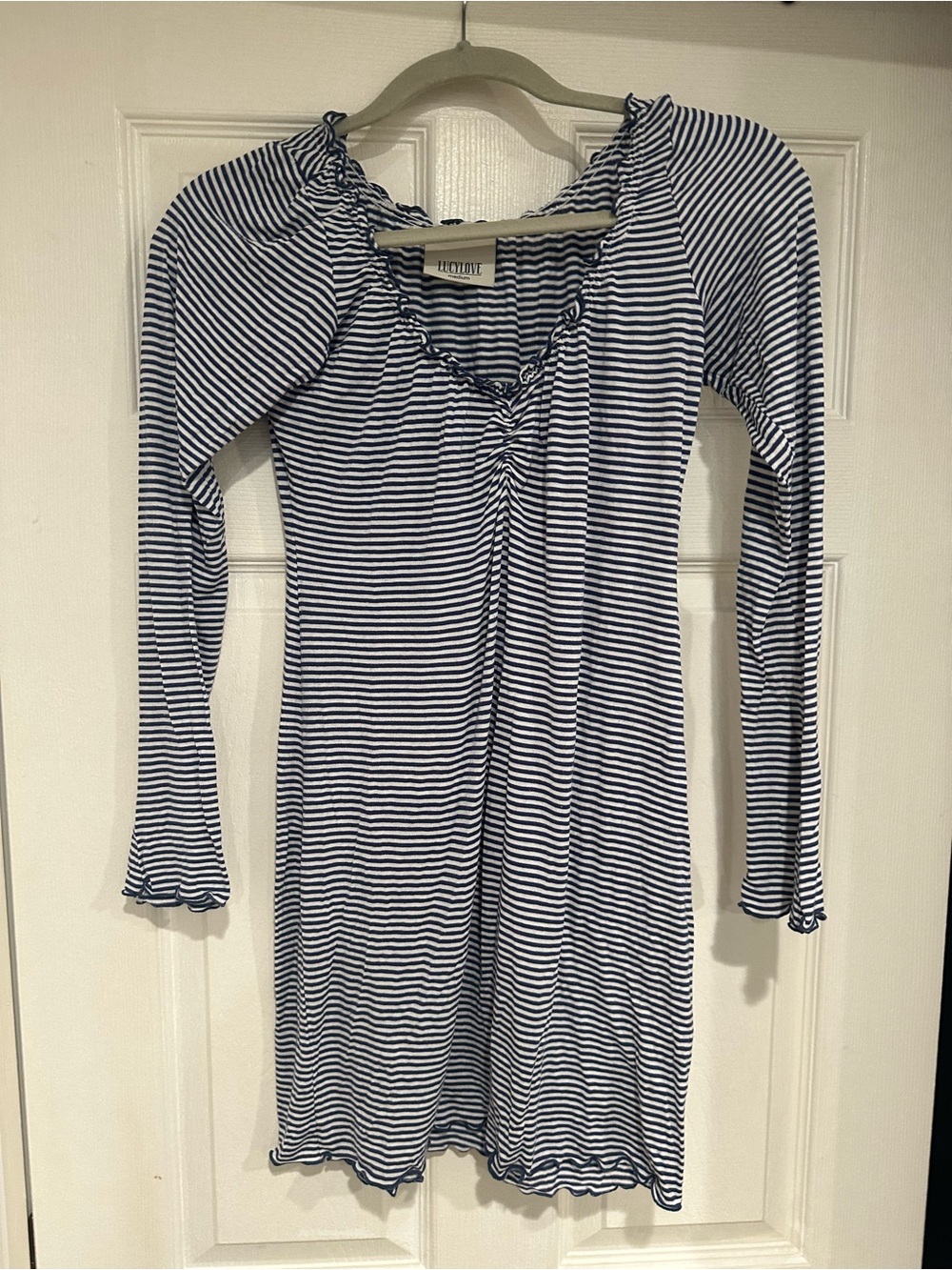 Lucy Love Navy and White Striped Ruffle-Trim Top